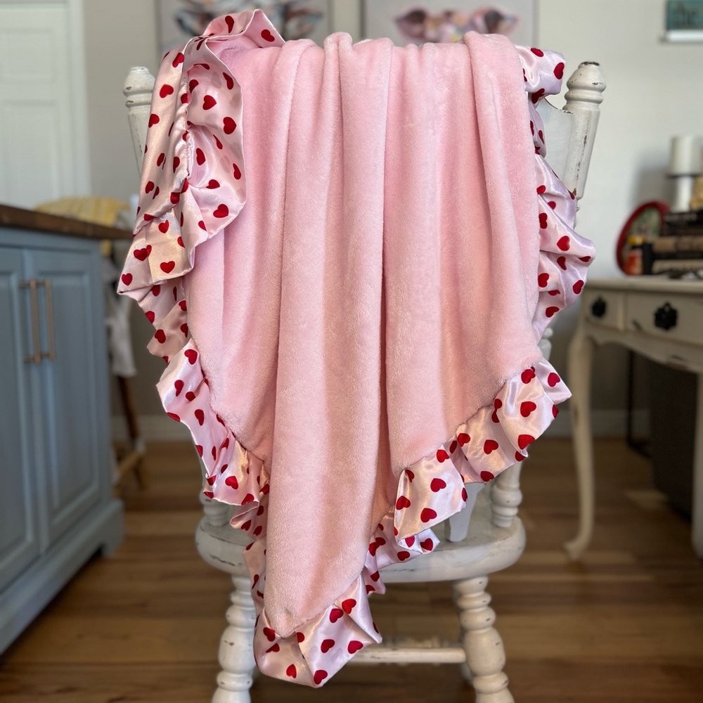 Sample Sale! Satin Ruffled Baby Blanket Pink And Red With Hearts